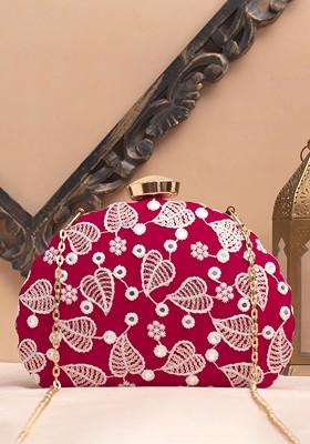 Red Satin Embroidered Box Clutch