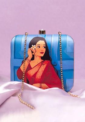 Blue Fabric Printed Buckle Detail Box Clutch