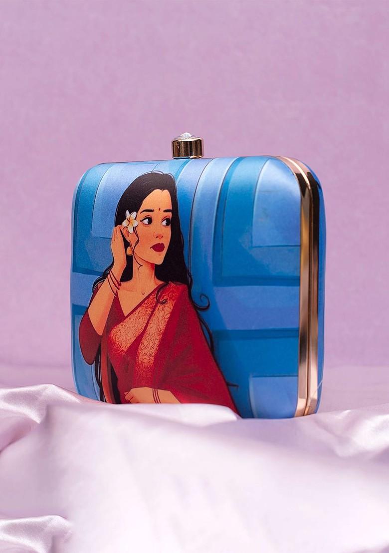 Blue Fabric Printed Buckle Detail Box Clutch - Indya