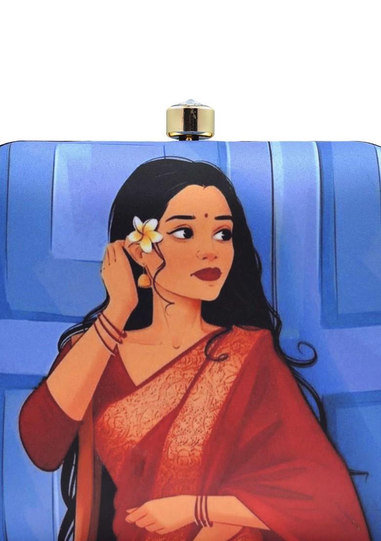 Blue Fabric Printed Buckle Detail Box Clutch - Indya