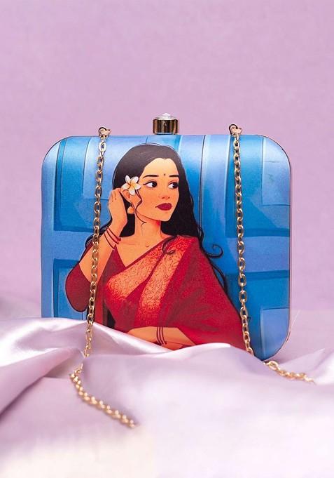 Blue Fabric Printed Buckle Detail Box Clutch