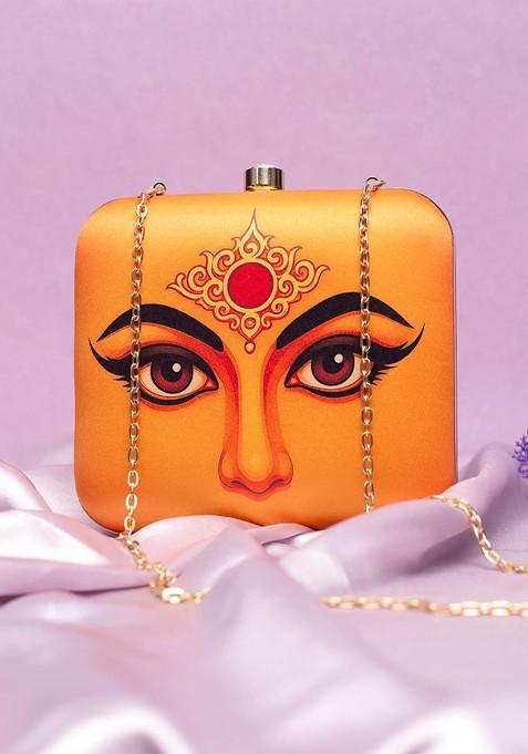 Orange Fabric Durga Maa Printed Buckle Detail Box Clutch