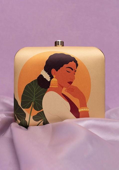 Beige Fabric Printed Buckle Detail Box Clutch