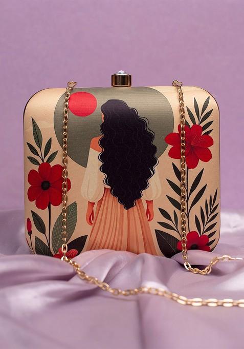 Beige Fabric Curly Hair Printed Buckle Detail Box Clutch