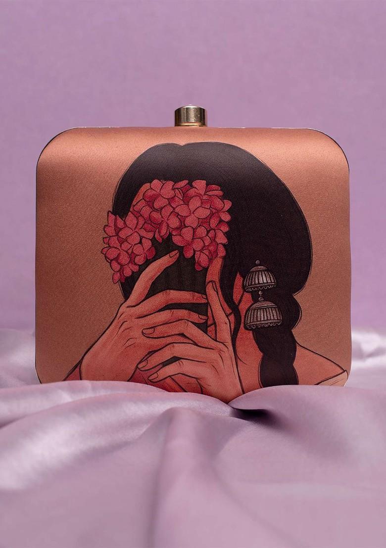 Brown Fabric Floral Lady Printed Buckle Detail Box Clutch - Indya
