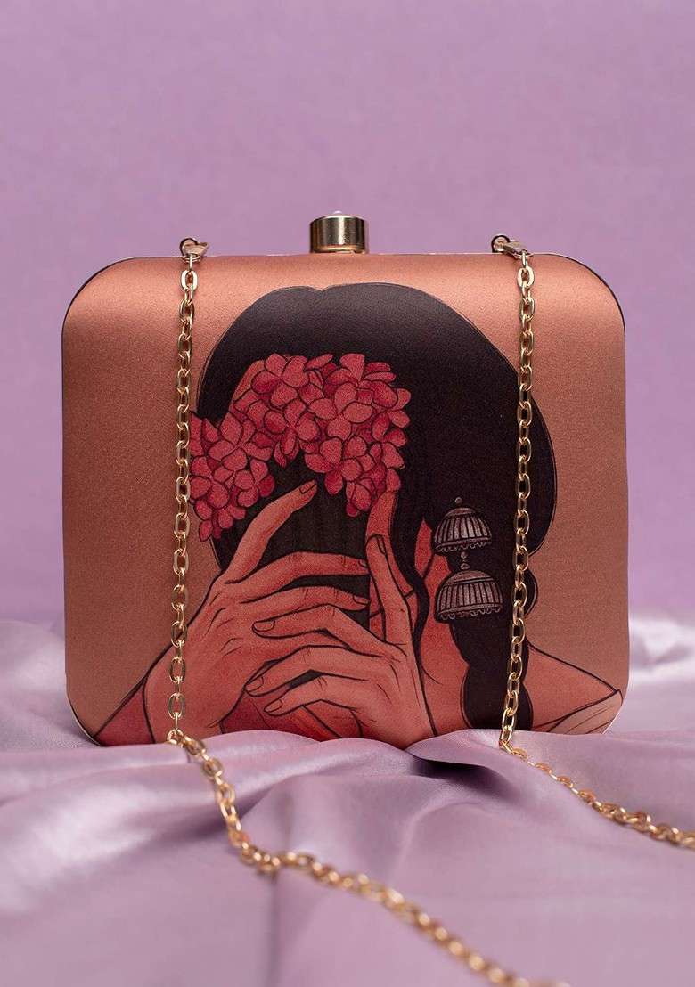 Brown Fabric Floral Lady Printed Buckle Detail Box Clutch - Indya