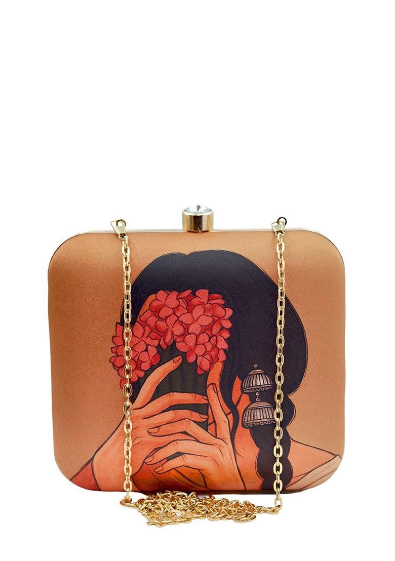 Brown Fabric Floral Lady Printed Buckle Detail Box Clutch - Indya