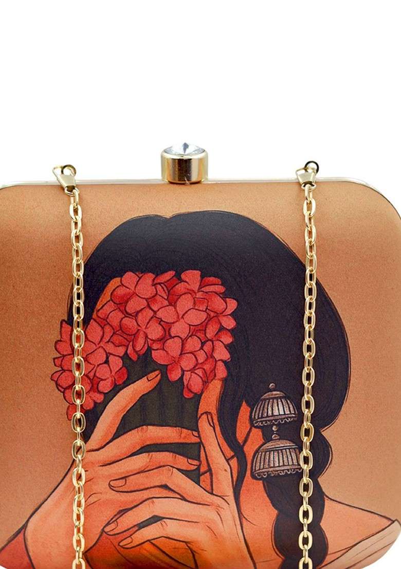 Brown Fabric Floral Lady Printed Buckle Detail Box Clutch - Indya