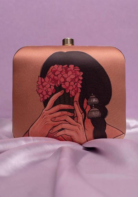 Brown Fabric Floral Lady Printed Buckle Detail Box Clutch