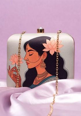 Green Fabric Lotus Lady Printed Box Clutch