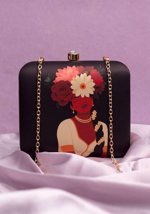 Black Fabric Printed Buckle Detail Box Clutch