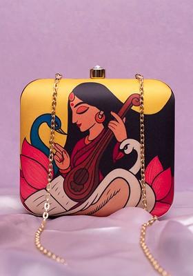 Yellow Fabric Maa Saraswati Printed Box Clutch