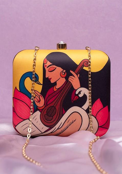 Yellow Fabric Maa Saraswati Printed Box Clutch