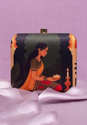 Green Fabric Printed Buckle Detail Box Clutch