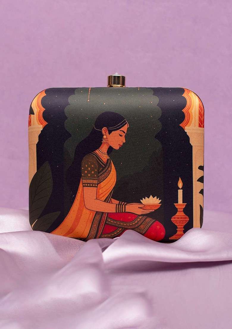 Green Fabric Printed Buckle Detail Box Clutch - Indya