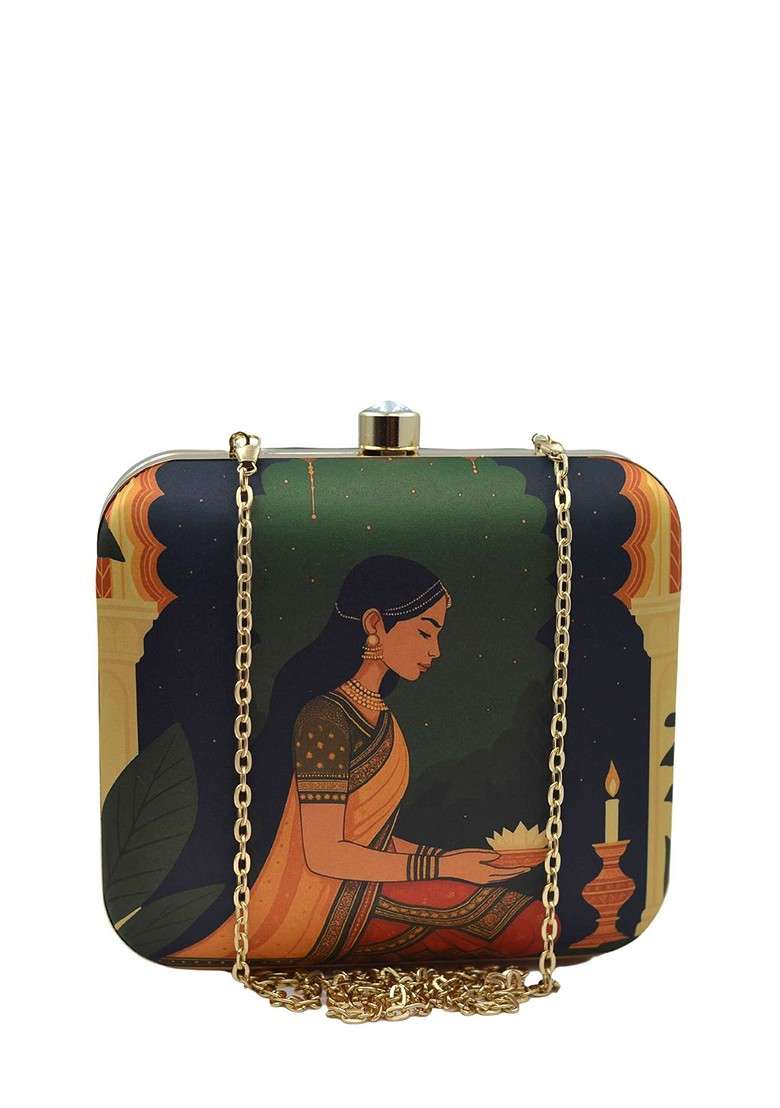 Green Fabric Printed Buckle Detail Box Clutch - Indya