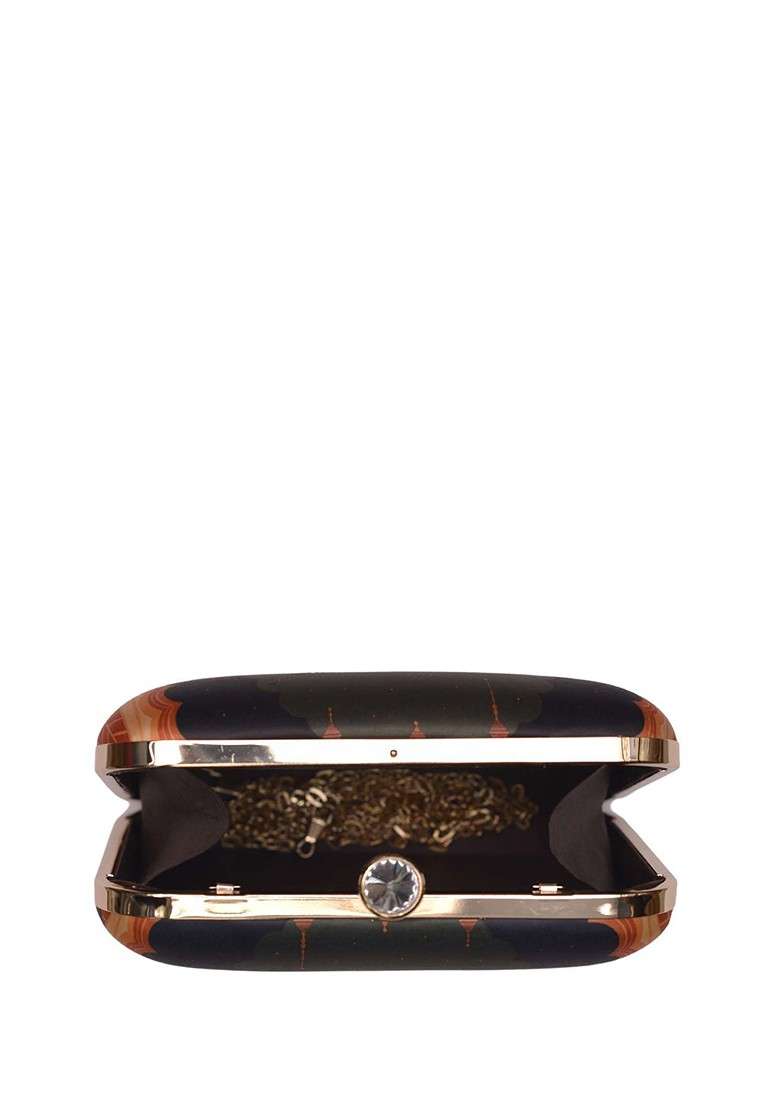 Green Fabric Printed Buckle Detail Box Clutch - Indya