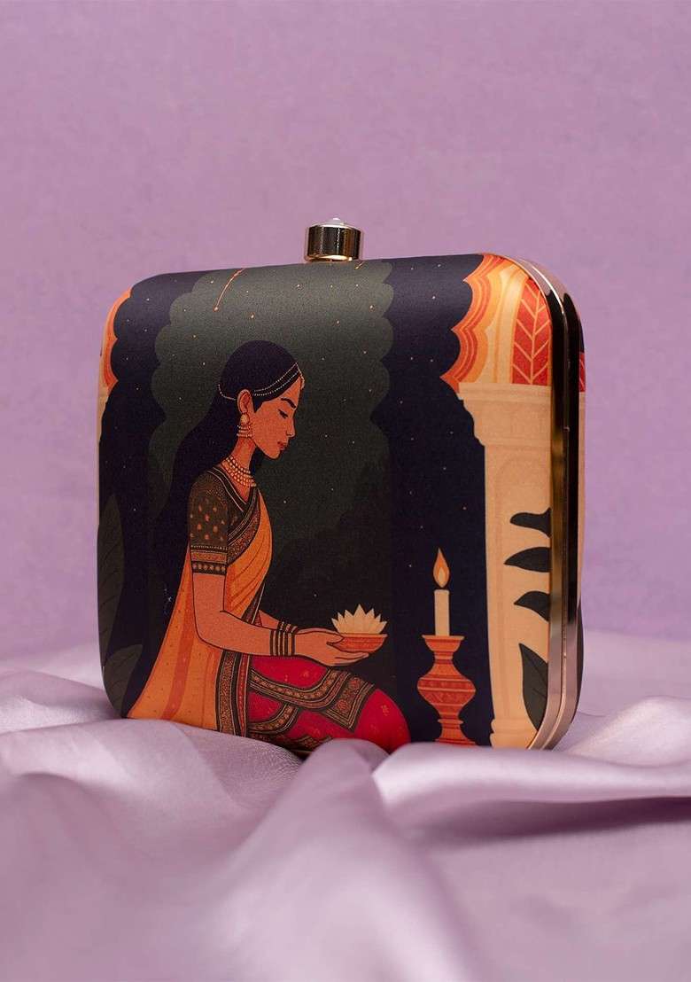 Green Fabric Printed Buckle Detail Box Clutch - Indya