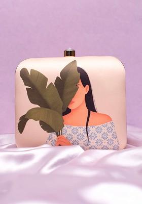 Beige Fabric Printed Buckle Detail Box Clutch