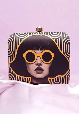Black Fabric Classic Girl Portrait Printed Buckle Detail Box Clutch