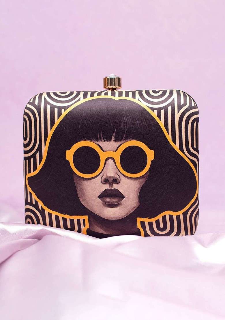 Black Fabric Classic Girl Portrait Printed Buckle Detail Box Clutch - Indya