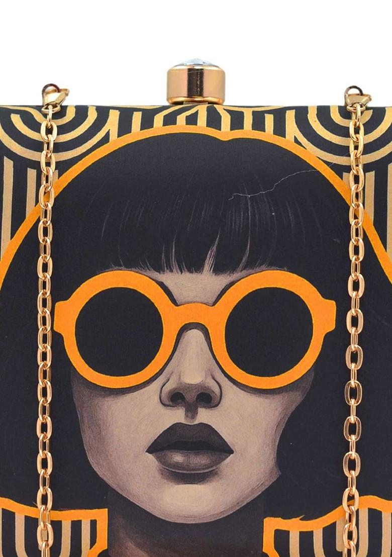 Black Fabric Classic Girl Portrait Printed Buckle Detail Box Clutch - Indya