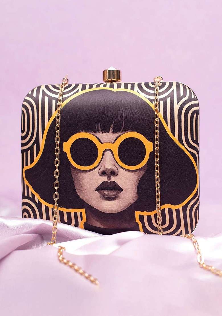 Black Fabric Classic Girl Portrait Printed Buckle Detail Box Clutch - Indya