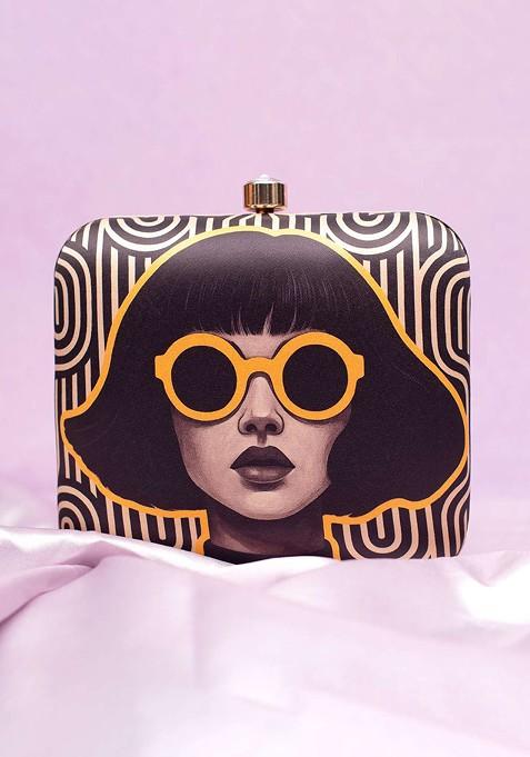 Black Fabric Classic Girl Portrait Printed Buckle Detail Box Clutch