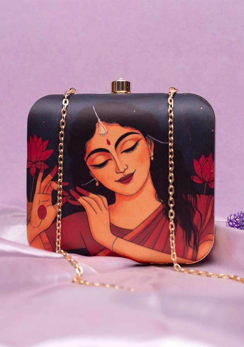 Black Fabric Printed Buckle Detail Box Clutch - Indya