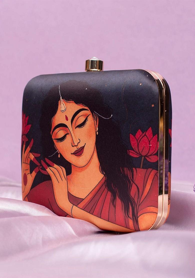 Black Fabric Printed Buckle Detail Box Clutch