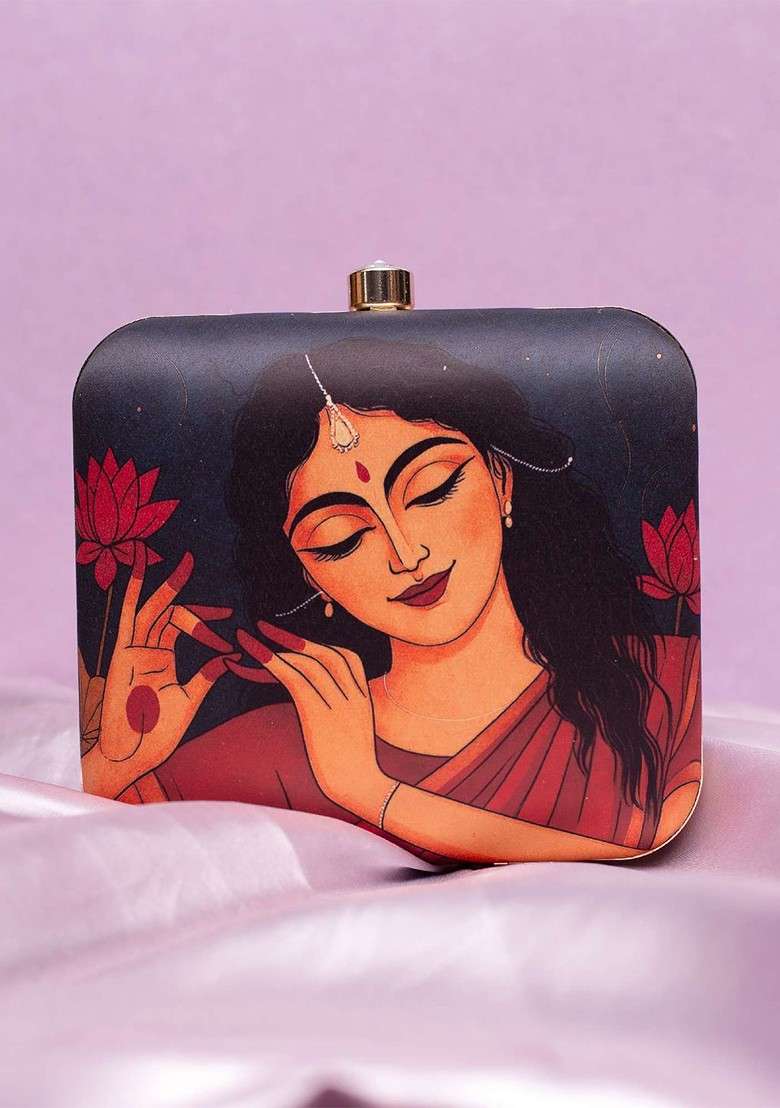 Black Fabric Printed Buckle Detail Box Clutch - Indya