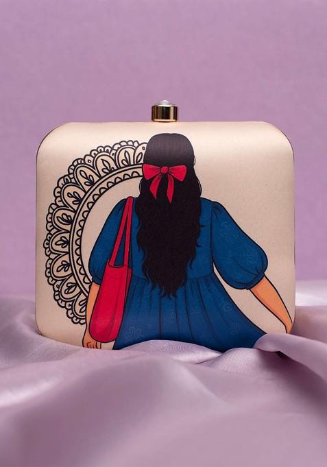 Beige Fabric Printed Buckle Detail Box Clutch