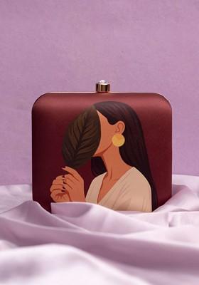 Brown Fabric Printed Buckle Detail Box Clutch