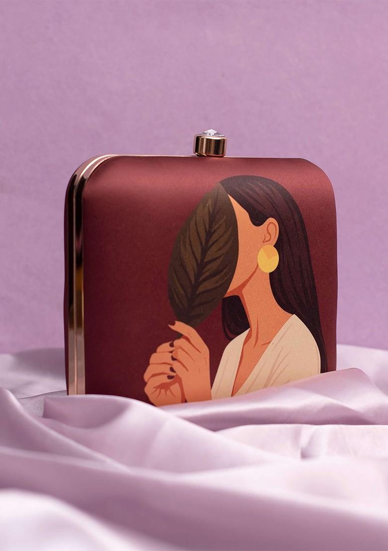 Brown Fabric Printed Buckle Detail Box Clutch - Indya