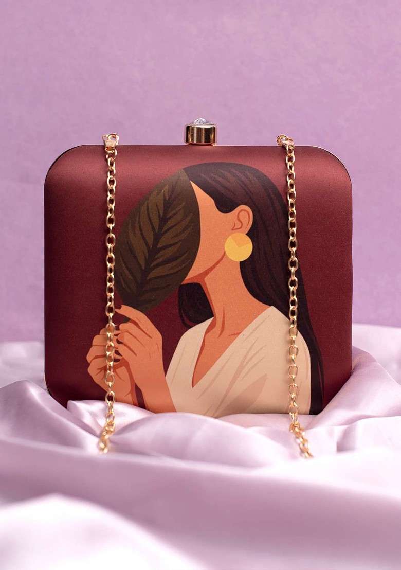 Brown Fabric Printed Buckle Detail Box Clutch - Indya