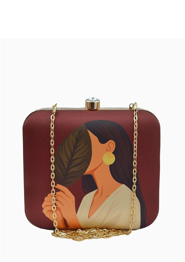 Brown Fabric Printed Buckle Detail Box Clutch - Indya