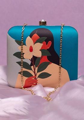 Blue Fabric Printed Box Clutch