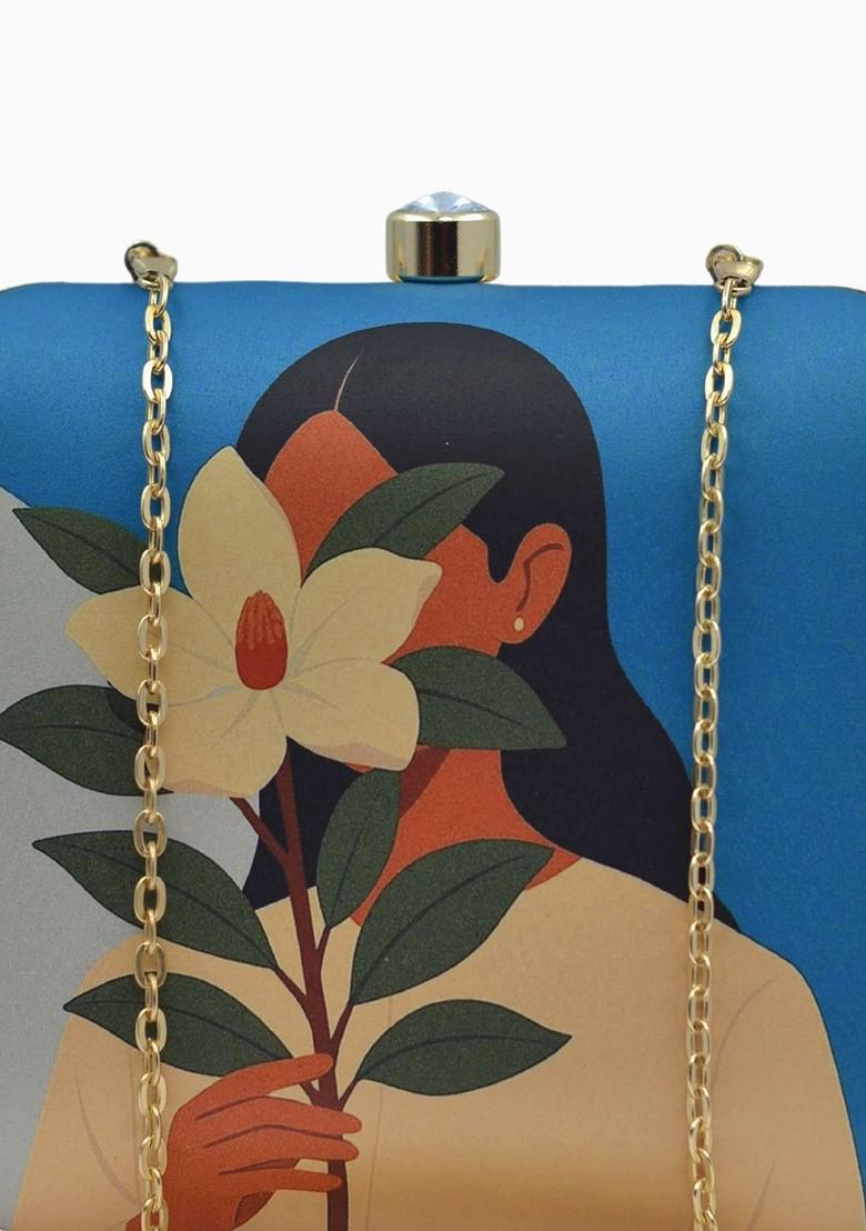 Blue Fabric Printed Box Clutch - Indya