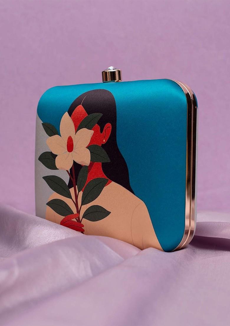Blue Fabric Printed Box Clutch - Indya
