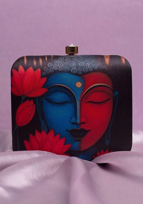 Black Fabric Printed Buckle Detail Box Clutch