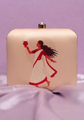 Beige Fabric Printed Buckle Detail Box Clutch