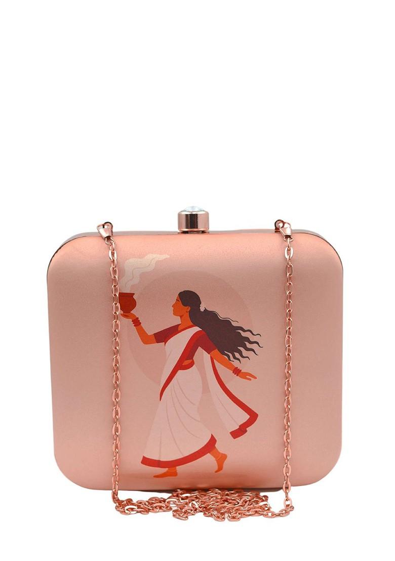 Beige Fabric Printed Buckle Detail Box Clutch - Indya