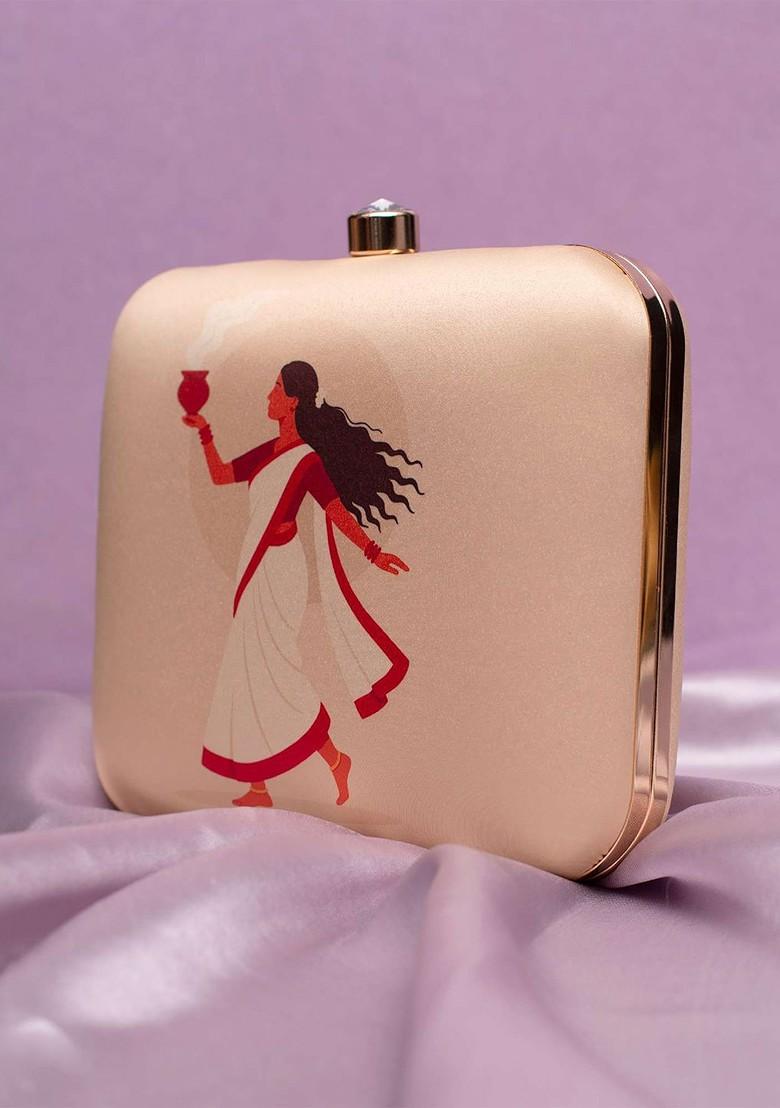 Beige Fabric Printed Buckle Detail Box Clutch - Indya