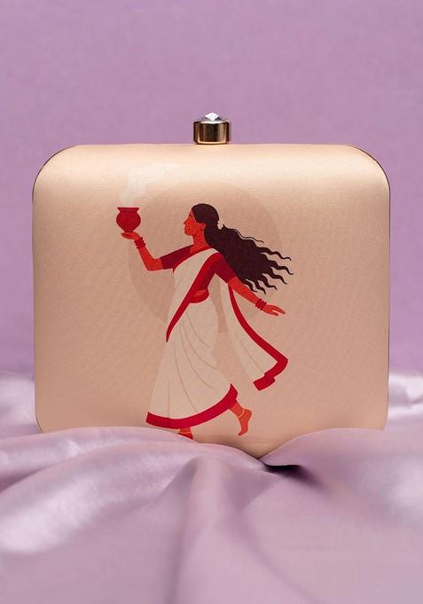 Beige Fabric Printed Buckle Detail Box Clutch