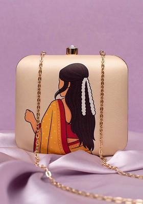 Beige Fabric Abstract Printed Box Clutch