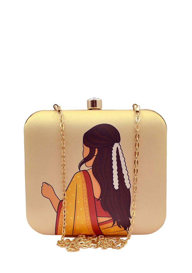 Beige Fabric Abstract Printed Box Clutch - Indya