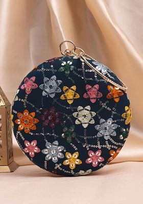 Blue Satin Embroidered Box Clutch