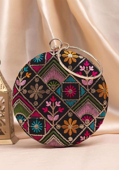 Black Satin Embroidered Box Clutch