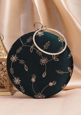 Green Satin Embroidered Box Clutch