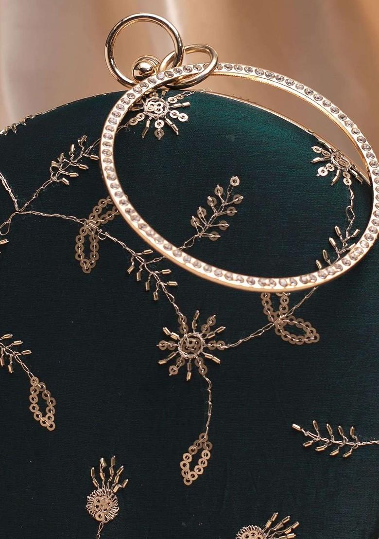 Green Satin Embroidered Box Clutch - Indya